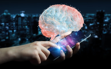 Businessman using digital 3D projection of a human brain 3D rendering