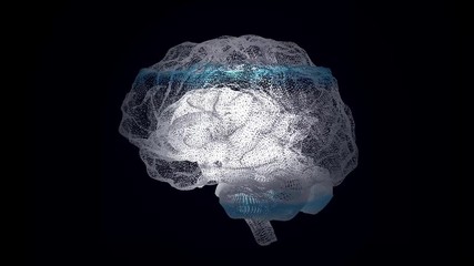 3d render xray style image of human brain rotating. Human brain being formed by revolving particles. Brain connect digital lines, expanding artificial intelligence. X-ray flare Brain, biology