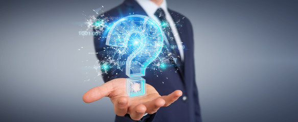 Businessman solving problem with digital question marks 3D rendering