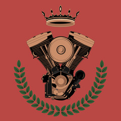 Engine with a crown on a red background.
