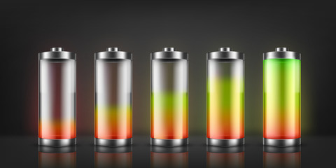 Vector set of battery charge indicators with low and high energy levels isolated on background. Full charged and discharged accumulators with colorful glow. Icons for gadget interfaces, mobile apps