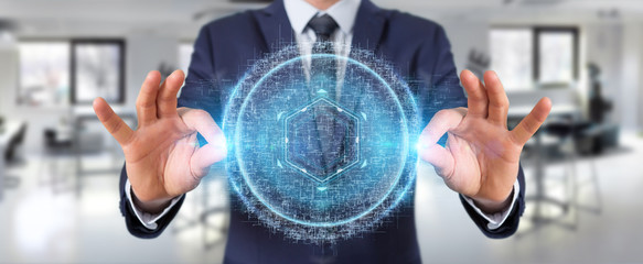 Businessman using digital sphere connection hologram 3D rendering