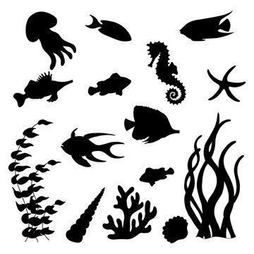The set of black silhouettes of sea fish