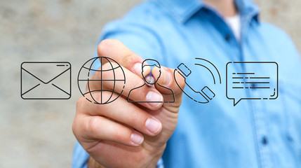 Businessman drawing thin line contact icon