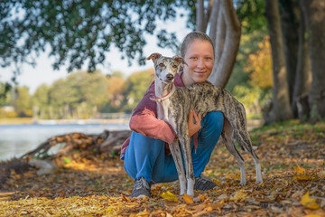 ein junges Mädchen kuschelt mit Ihrem Whippet Hund