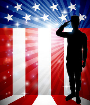 A patriotic soldier standing saluting in front of an American flag background with copy space