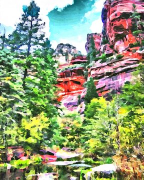 Hand drawing watercolor art on canvas. Artistic big print. Original modern painting. Acrylic dry brush background. Wonderful mountain landscape. Green forest resort. Travel time