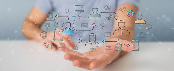 Businessman using thin line social network icons interface