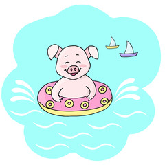 Vector piggy bathing in the sea