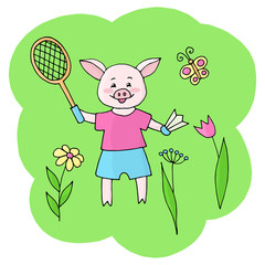 Vector piggy playing badminton in nature