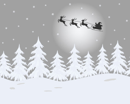 Winter landscape. Santa Claus is riding across the sky on deers. There are white fir trees on a gray background in the picture. It can be used as a seamless border. Vector illustration