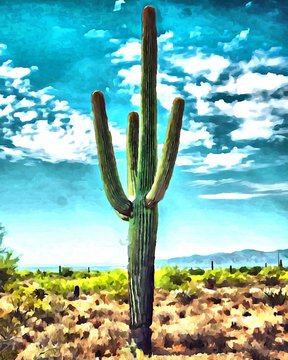 Hand drawing watercolor art on canvas. Artistic big print. Original modern painting. Acrylic dry brush background. Wonderful summer landscape. Sungle green cactus. Travel time
