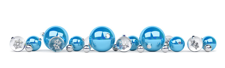 Blue and silver christmas baubles isolated 3D rendering