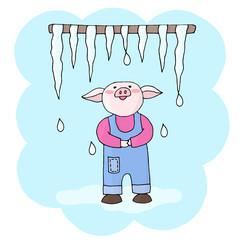 Vector pig in a blue jumpsuit looking at melting icicles in early spring. Symbol of 2019 new year.