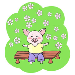 Obraz na płótnie Canvas Vector pig sits on a bench and enjoys a blooming spring