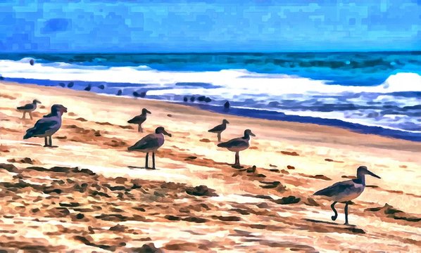 Hand drawing watercolor art on canvas. Artistic big print. Original modern painting. Acrylic dry brush background. Wonderful sea beach landscape. Exotic tropical resort. Charming paradise view. Gulls