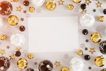 Christmas card mockup with golden baubles 3D rendering