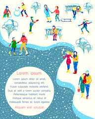 Winter poster with people walking outdoors in park.