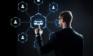 business, rental service and future technology concept - close up of businessman with virtual...