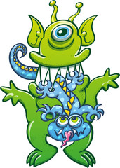 Alien green monster with pointy ears and sharp fangs chewing a lizard-like blue monster. The big monster has a defiant attitude while the little one asks for clemency and sticks its tongue out