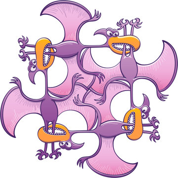 Four voracious pterodactyls forming a square while furiously bitting each other's legs with their toothed beak. The final form shows overlapping creatures in an artistic rotational symmetry