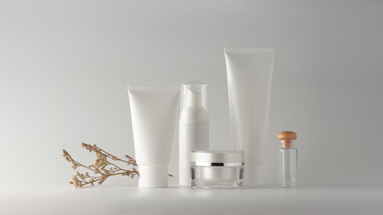 Set of cosmetic products on a color background. Cosmetic package collection for cream, soups, foams, shampoo.Natural beauty blank label for branding mock-up concept.