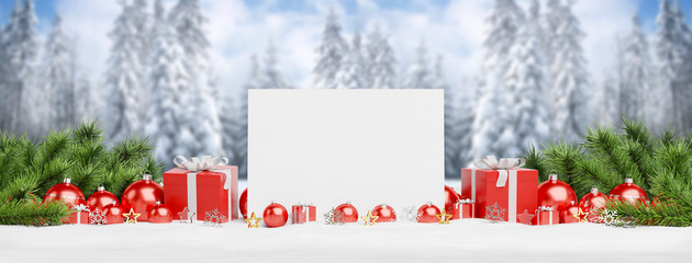 Blank Christmas card laying on red baubles and gift 3D rendering