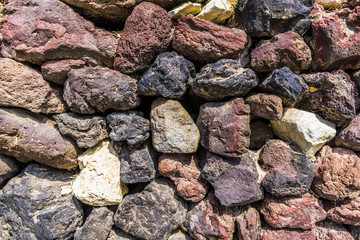 A wall of stones of various shapes and colors
