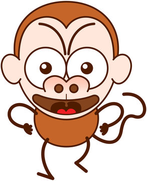 Cute brown monkey in minimalist style with big rounded ears, bulging eyes and long tail while walking, frowning, clenching its fists and showing a very angry mood