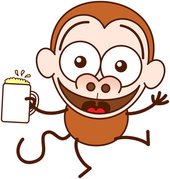 Brown monkey in minimalist style with big rounded ears and long tail while widely opening its bulging eyes, raising its arms and holding a glass of frothy beer as for celebrating something special