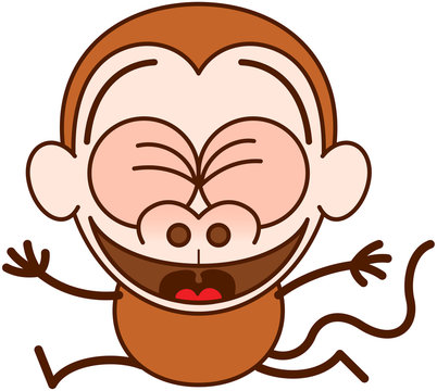 Cute brown monkey in minimalist style with big rounded ears and long tail while clenching its bulging eyes, laughing and jumping as for celebrating something special in an animated way
