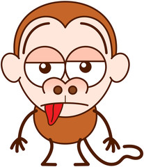Cute brown monkey in minimalist style with big rounded ears, bulging eyes and long tail while feeling unmotivated and showing a sad apathetic attitude