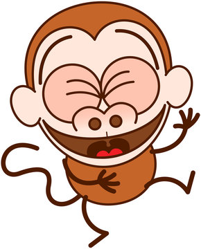Cute brown monkey in minimalist style with big rounded ears, bulging eyes and long tail while having fun and laughing animatedly
