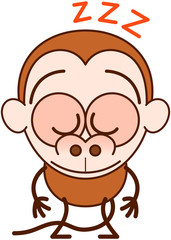 Cute brown monkey in minimalist style with big rounded ears, bulging eyes and long tail sleeping placidly while standing up in a surprising and tired mood