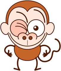 Cool brown monkey in minimalistic style with big rounded ears, brown fur, bulging eyes and long tail while winking, smiling generously and making thumbs up