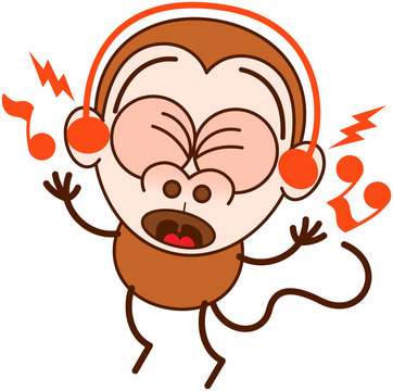 Cute brown monkey in minimalist style with big rounded ears and long tail while wearing earphones, clenching its bulging eyes, listening to music, smiling generously and dancing animatedly