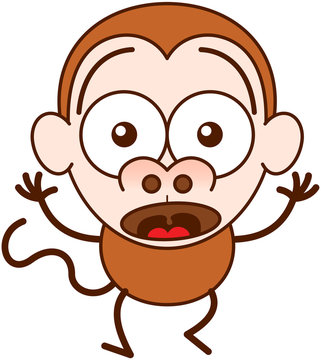 Cute brown monkey in minimalist style with big rounded ears, bulging eyes and long tail while widely opening its eyes, raising its arms and expressing surprise and fear