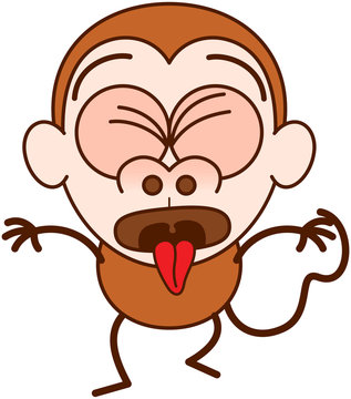 Cute brown monkey in minimalist style with big rounded ears and long tail while clenching its bulging eyes, opening its mouth, sticking its tongue out and expressing disgust as for throwing up