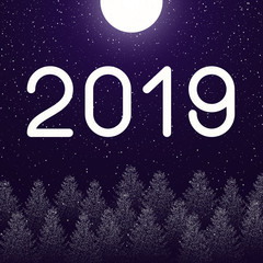 New Year 2019 card with winter landscape and snow.