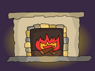 Vector old fireplace with burning fire