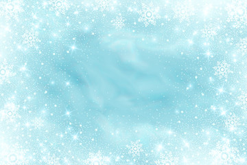 Snow frost effect on blue background. Vector Illustration. Abstract bright white shimmer lights and snowflakes. Glowing blizzard. Scatter falling round particles.