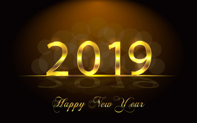 Happy New Year 2019. Background with golden sparkling texture. Gold Numbers 1, 2, 0, 9. Light effect. Vector Illustration for holiday greeting card, invitation, calendar poster banner