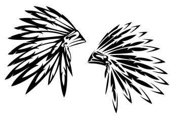 native american tribal chief traditional feathered headdress black and white vector design
