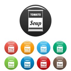 Tomato soup can icons set 9 color vector isolated on white for any design
