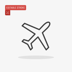 Outline Airplane icon isolated on grey background. Line Plane pictogram. Travel symbol for website design, mobile application, logo, ui. Editable stroke. Vector illustration. Eps10.