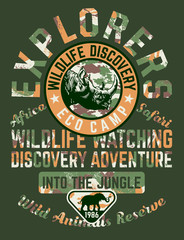 Africa park photo safari wildlife watching  vector artwork for boy t shirt with badges applique © PrintingSociety