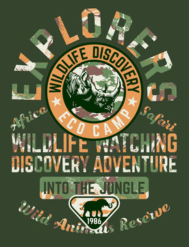 Africa park photo safari wildlife watching  vector artwork for boy t shirt with badges applique