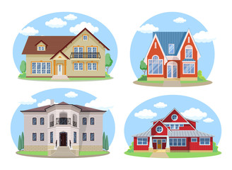 Vector Buildings Set. Flat Design Houses Isolated on White Background. cartoon house exterior with blue clouded sky Front Home Architecture Concept Flat Design Style.