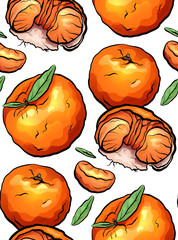 Seamless pattern of color cartoon illustrations of mandarin and citrus on white background. Vector texture for wrapper, wallpaper, textile and your creativity.