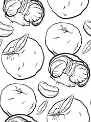 Seamless pattern of contour cartoon illustrations of  mandarin and citrus. Vector texture for wrapper, wallpaper, textile and your creativity.